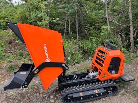 ATD 800 Track Dumper by ArcPath shown with raised dump bed in rugged outdoor terrain.