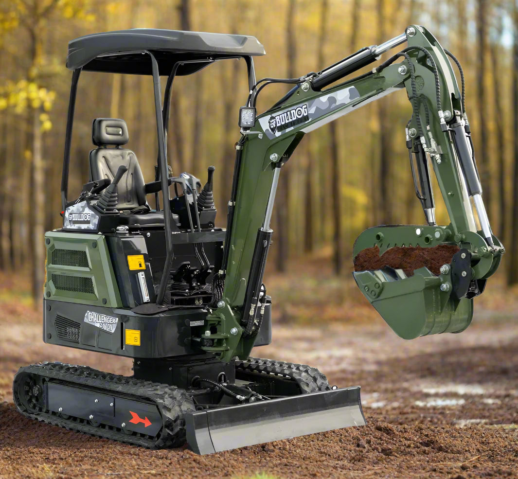 Bulldog Challenger mini excavator with 2-ton capacity, 20HP Yanmar diesel engine, and hydraulic track adjustment for excavation and forestry.