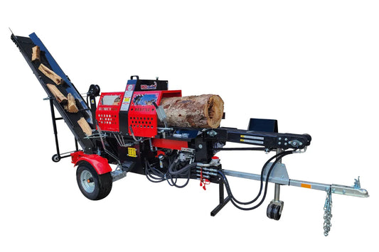 Red Runner Deluxe firewood processor with hydraulic system, log conveyor, and high-efficiency cutting and splitting for fast firewood production.