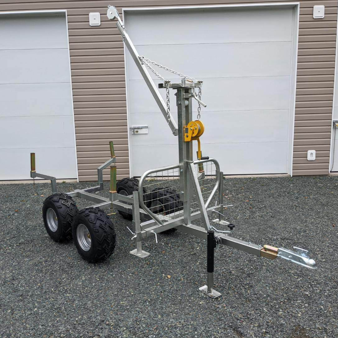 Walking Beam Logging Trailer with Crane Kit for ATVs/UTVs, featuring a galvanized frame, walking beam suspension, and a 450 lb capacity boom for log hauling.