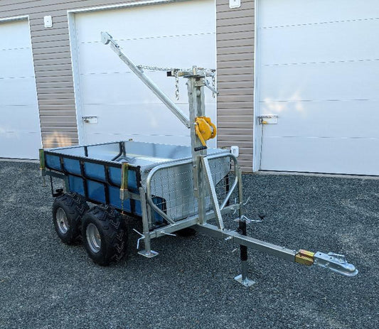 Walking Beam Logging Trailer with Crane Kit & Removable Box, featuring a heavy-duty frame, tandem wheels, and a 450 lb capacity boom for log hauling.