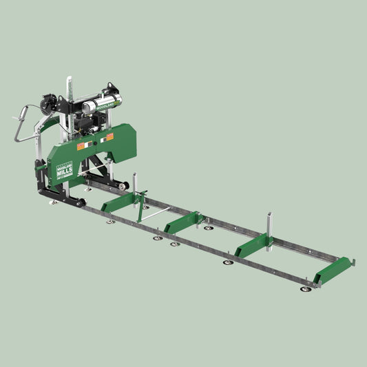 Green and black Woodland HM122 Portable Sawmill on a white background