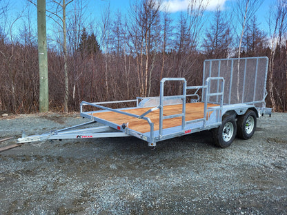 Galvanized Double Axle Trailer with Side Ramp featuring wooden deck and tandem wheels, ideal for heavy-duty hauling.