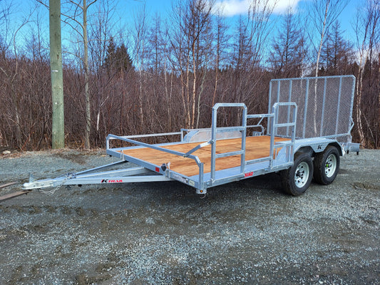 Galvanized Double Axle Trailer with Side Ramp featuring wooden deck and tandem wheels, ideal for heavy-duty hauling.